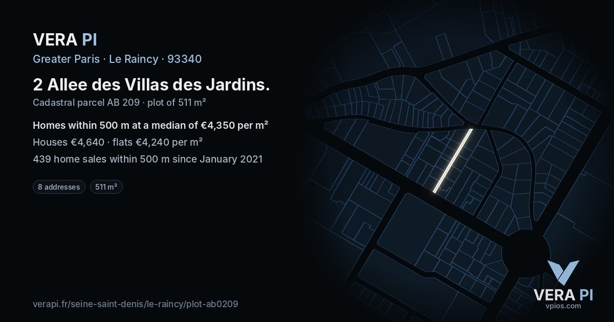 2 Allee des Villas des Jardins, Le Raincy at night – the plot lit, the parcels around coloured by the prices near them