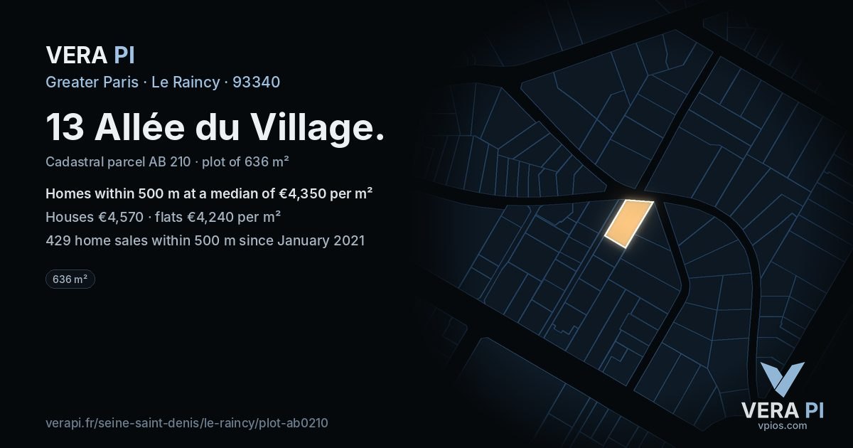 13 Allée du Village, Le Raincy at night – the plot lit, the parcels around coloured by the prices near them