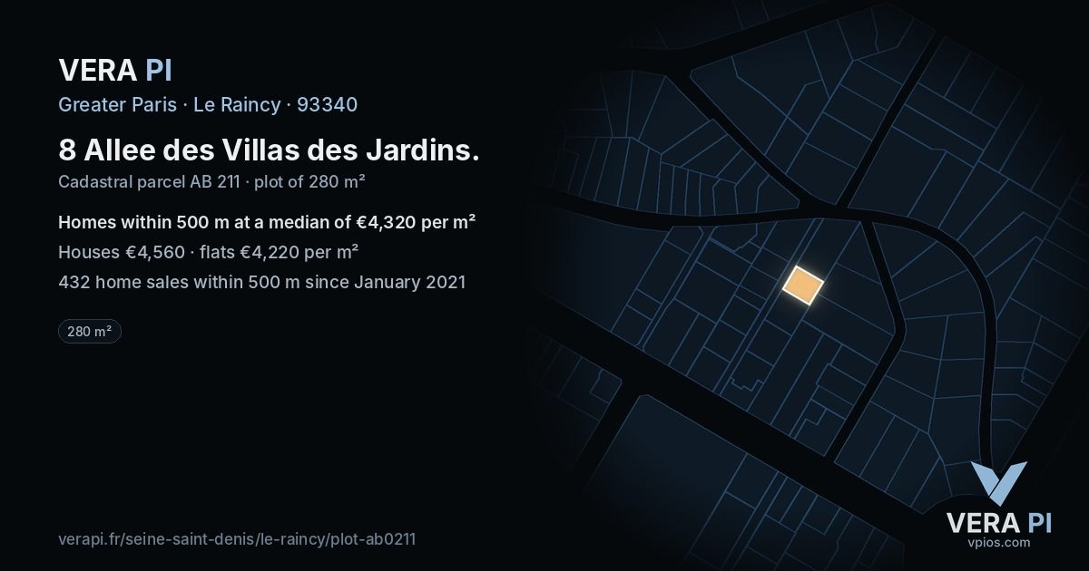 8 Allee des Villas des Jardins, Le Raincy at night – the plot lit, the parcels around coloured by the prices near them