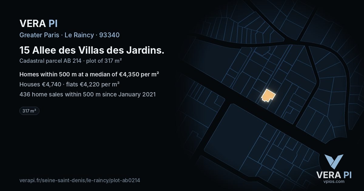 15 Allee des Villas des Jardins, Le Raincy at night – the plot lit, the parcels around coloured by the prices near them