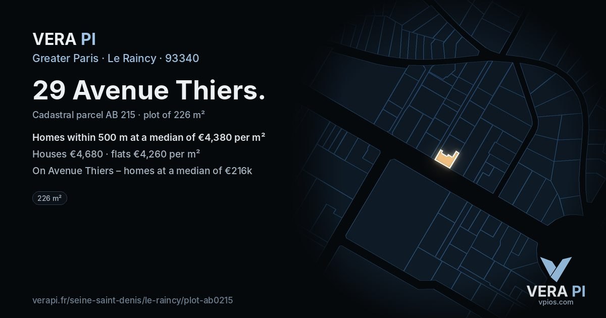 29 Avenue Thiers, Le Raincy at night – the plot lit, the parcels around coloured by the prices near them