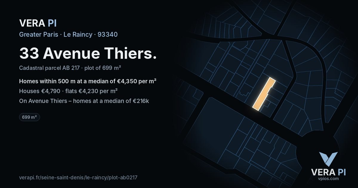 33 Avenue Thiers, Le Raincy at night – the plot lit, the parcels around coloured by the prices near them