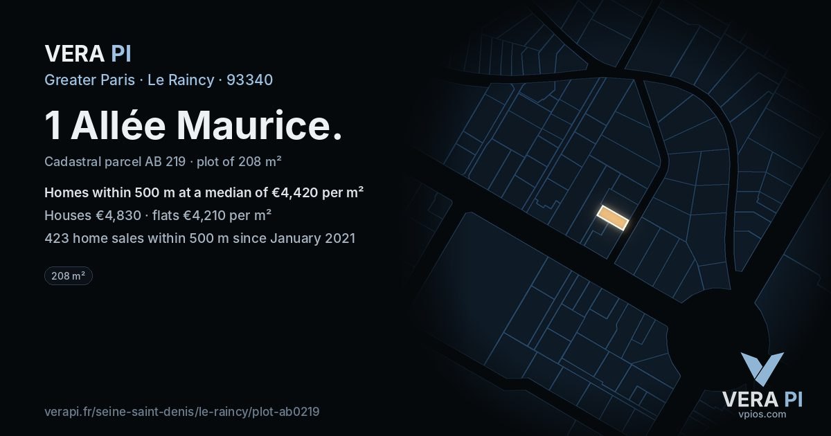 1 Allée Maurice, Le Raincy at night – the plot lit, the parcels around coloured by the prices near them