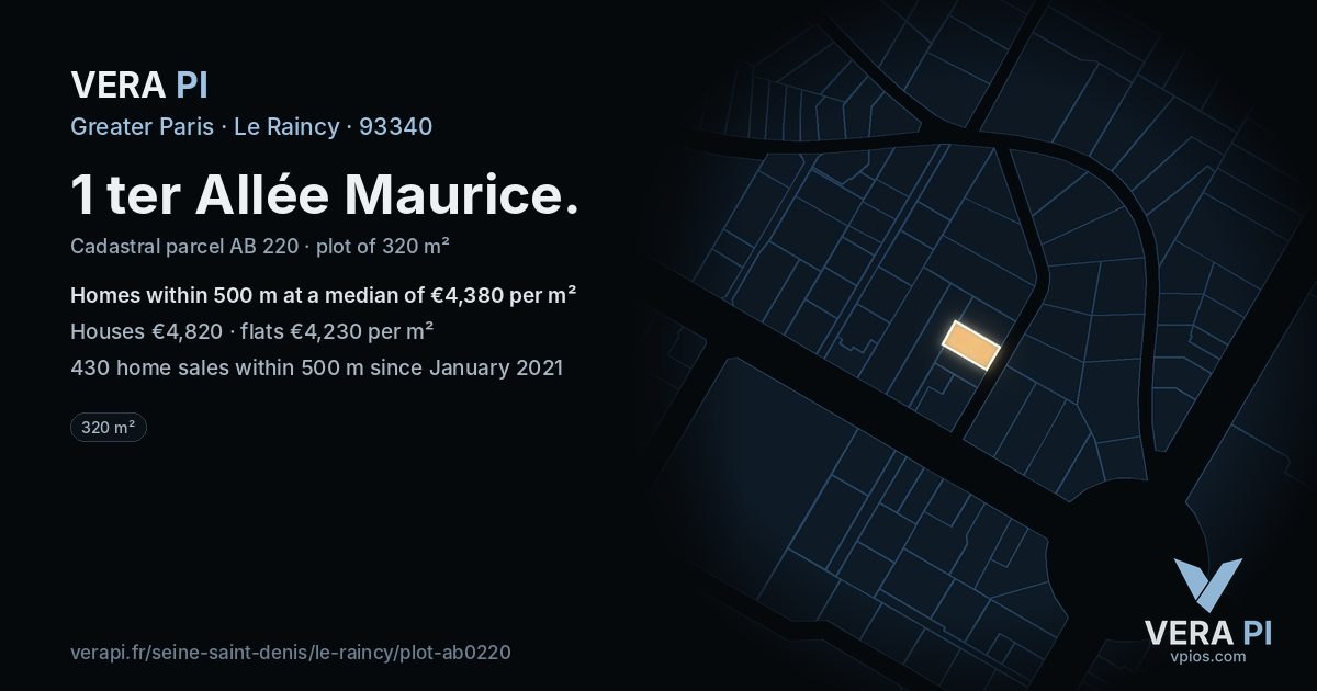 1 ter Allée Maurice, Le Raincy at night – the plot lit, the parcels around coloured by the prices near them