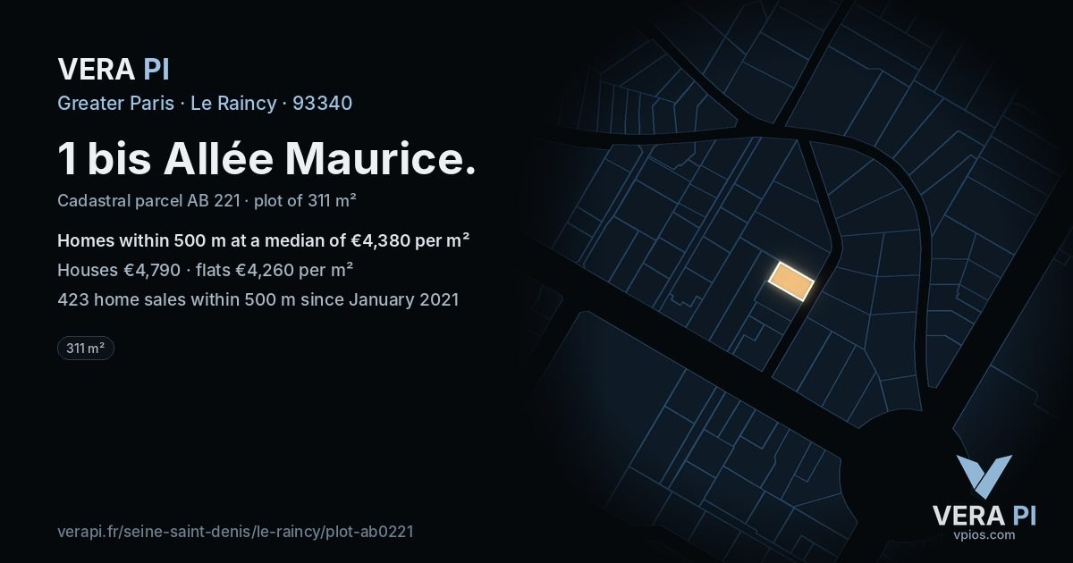 1 bis Allée Maurice, Le Raincy at night – the plot lit, the parcels around coloured by the prices near them