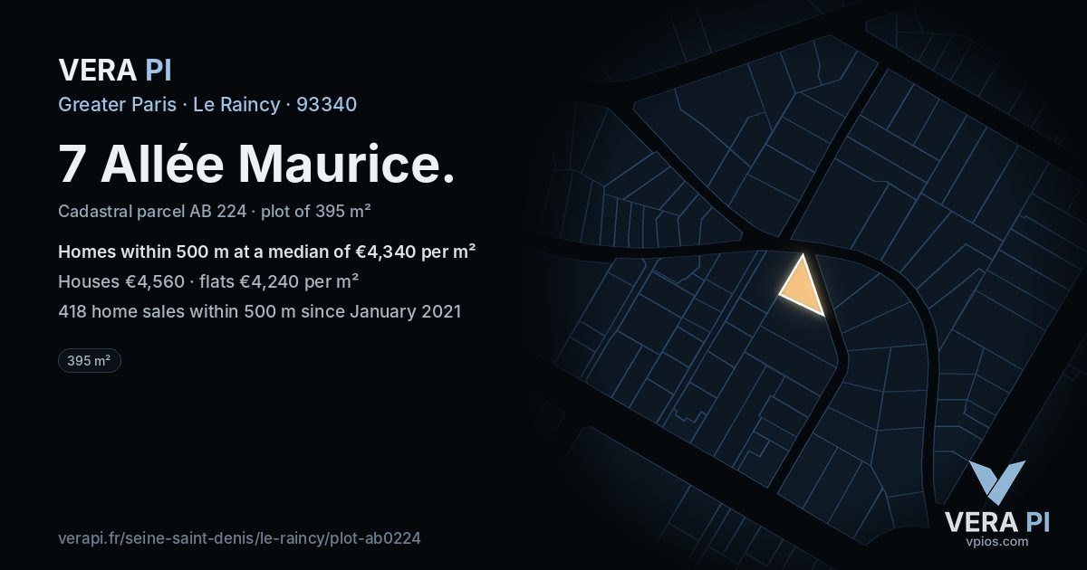 7 Allée Maurice, Le Raincy at night – the plot lit, the parcels around coloured by the prices near them