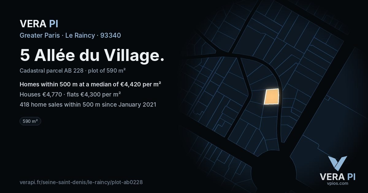 5 Allée du Village, Le Raincy at night – the plot lit, the parcels around coloured by the prices near them