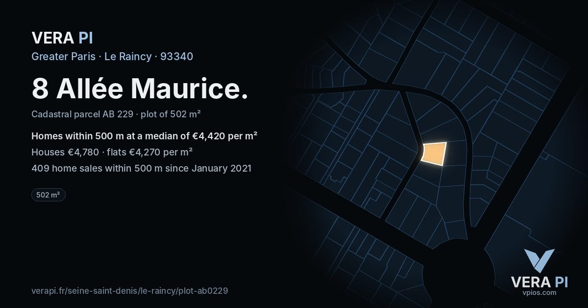8 Allée Maurice, Le Raincy at night – the plot lit, the parcels around coloured by the prices near them