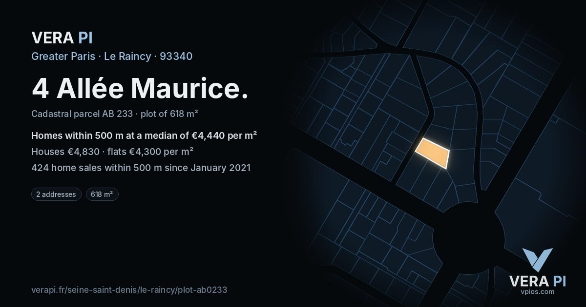 4 Allée Maurice, Le Raincy at night – the plot lit, the parcels around coloured by the prices near them