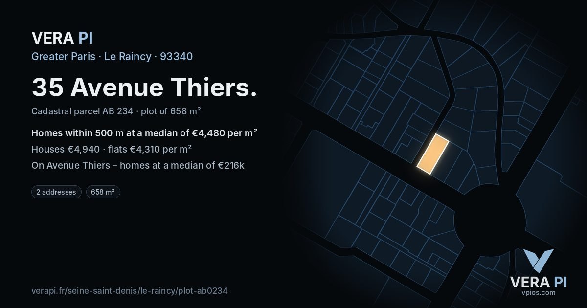 35 Avenue Thiers, Le Raincy at night – the plot lit, the parcels around coloured by the prices near them