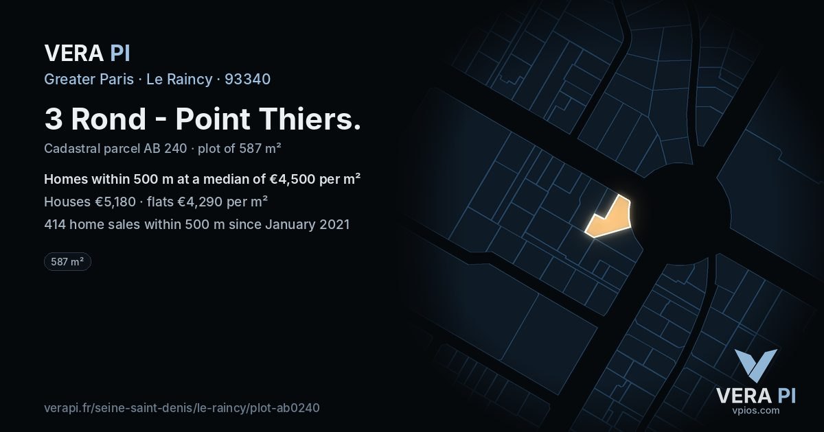 3 Rond - Point Thiers, Le Raincy at night – the plot lit, the parcels around coloured by the prices near them