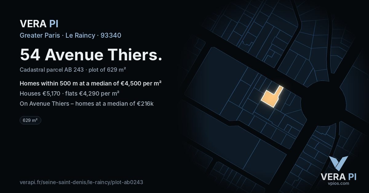 54 Avenue Thiers, Le Raincy at night – the plot lit, the parcels around coloured by the prices near them