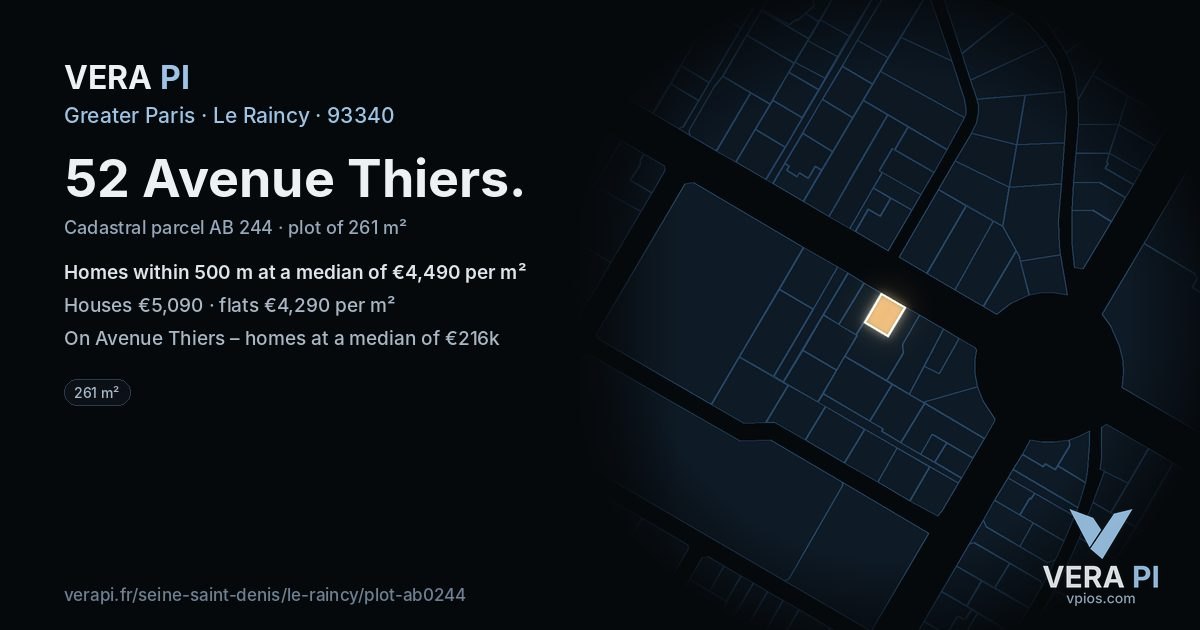 52 Avenue Thiers, Le Raincy at night – the plot lit, the parcels around coloured by the prices near them