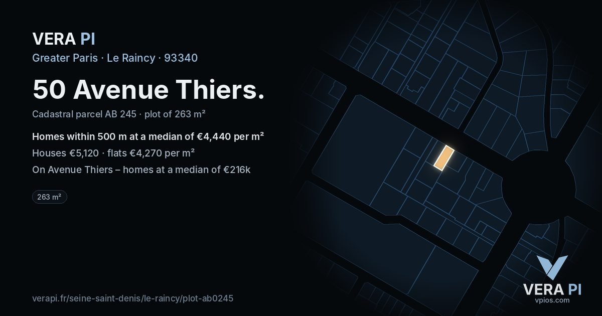 50 Avenue Thiers, Le Raincy at night – the plot lit, the parcels around coloured by the prices near them