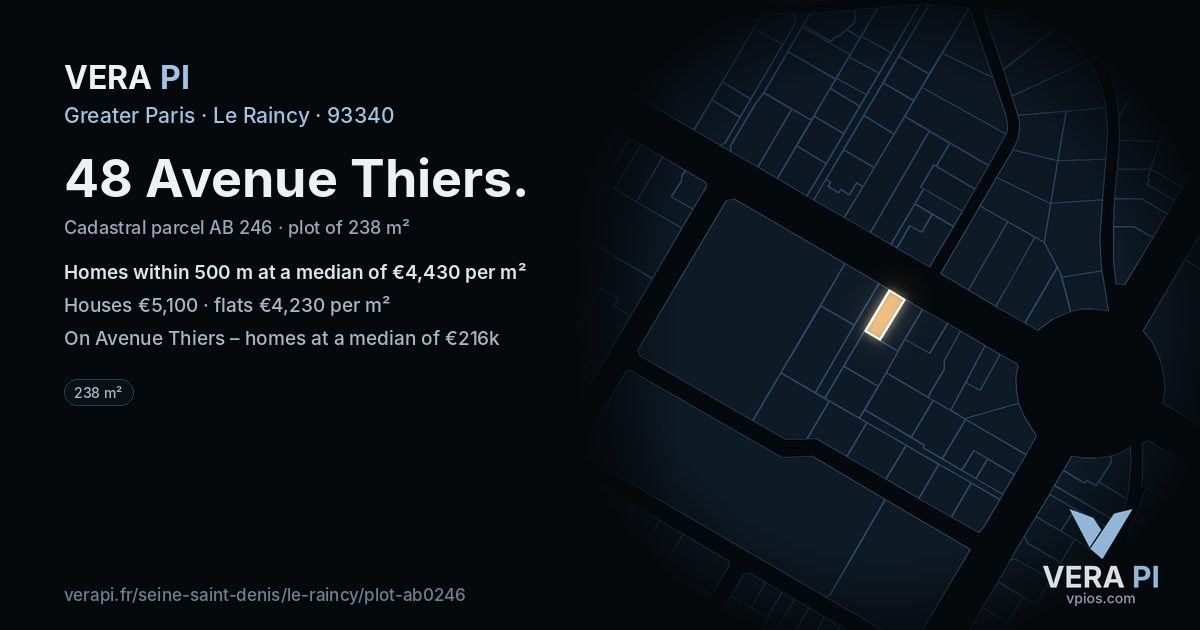 48 Avenue Thiers, Le Raincy at night – the plot lit, the parcels around coloured by the prices near them