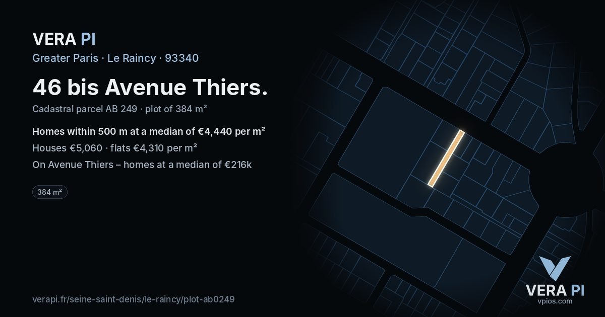 46 bis Avenue Thiers, Le Raincy at night – the plot lit, the parcels around coloured by the prices near them