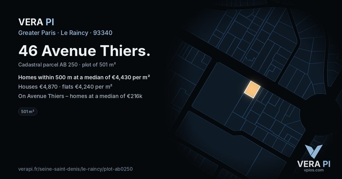 46 Avenue Thiers, Le Raincy at night – the plot lit, the parcels around coloured by the prices near them