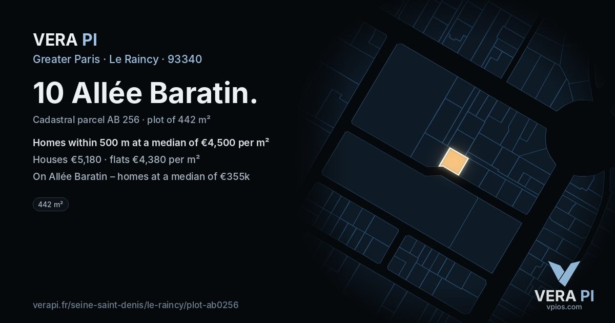 10 Allée Baratin, Le Raincy at night – the plot lit, the parcels around coloured by the prices near them