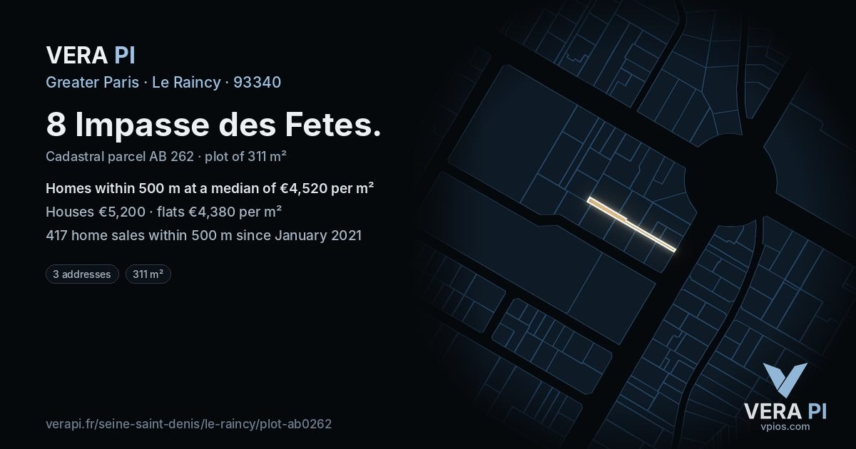 8 Impasse des Fetes, Le Raincy at night – the plot lit, the parcels around coloured by the prices near them