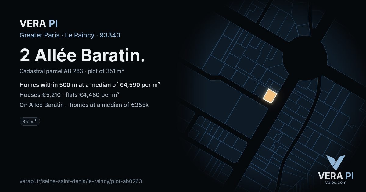 2 Allée Baratin, Le Raincy at night – the plot lit, the parcels around coloured by the prices near them
