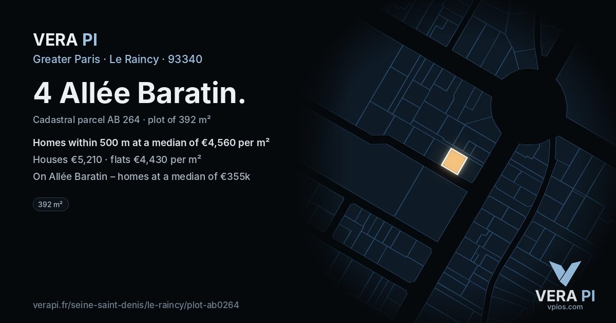 4 Allée Baratin, Le Raincy at night – the plot lit, the parcels around coloured by the prices near them