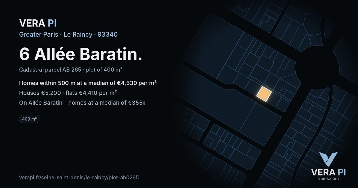 6 Allée Baratin, Le Raincy at night – the plot lit, the parcels around coloured by the prices near them