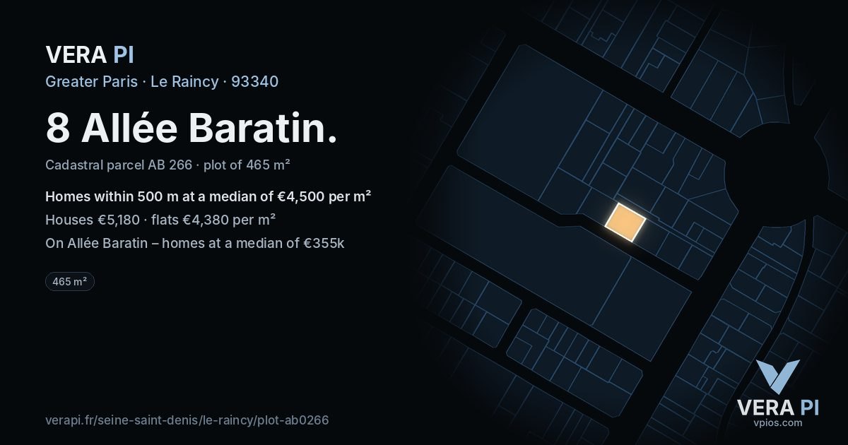8 Allée Baratin, Le Raincy at night – the plot lit, the parcels around coloured by the prices near them