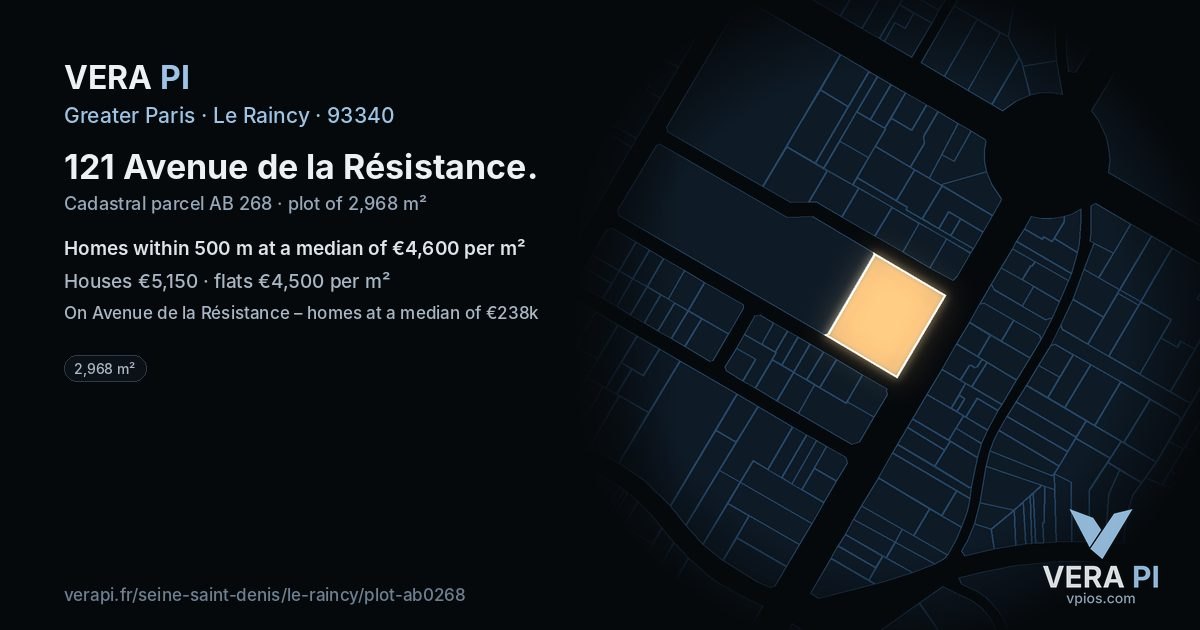 121 Avenue de la Résistance, Le Raincy at night – the plot lit, the parcels around coloured by the prices near them