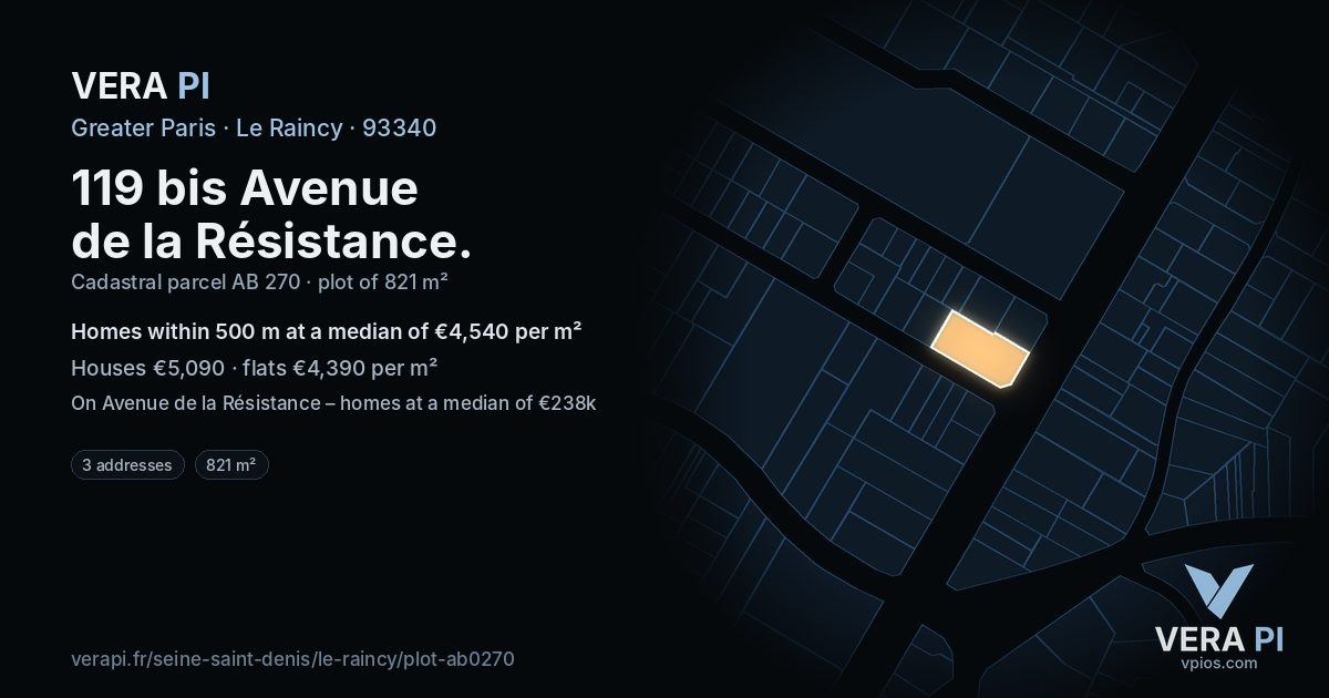 119 bis Avenue de la Résistance, Le Raincy at night – the plot lit, the parcels around coloured by the prices near them