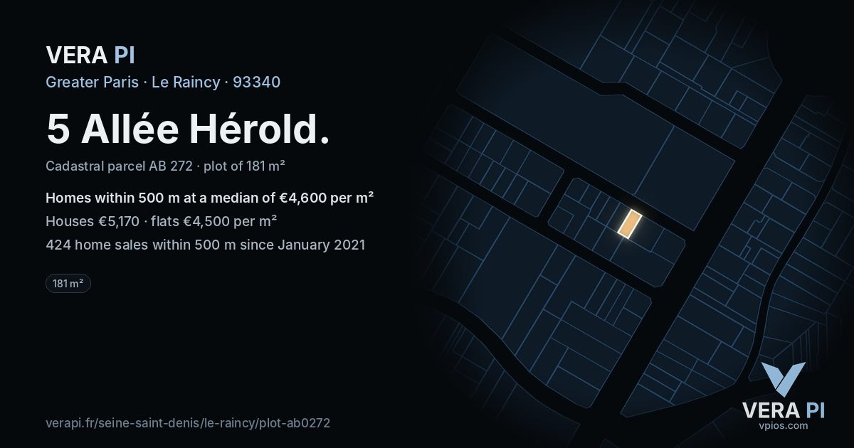 5 Allée Hérold, Le Raincy at night – the plot lit, the parcels around coloured by the prices near them