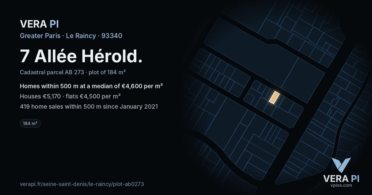 7 Allée Hérold, Le Raincy at night – the plot lit, the parcels around coloured by the prices near them
