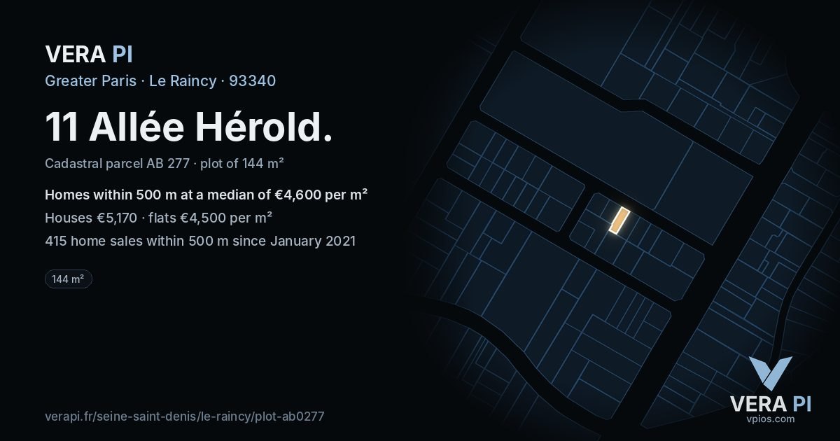 11 Allée Hérold, Le Raincy at night – the plot lit, the parcels around coloured by the prices near them