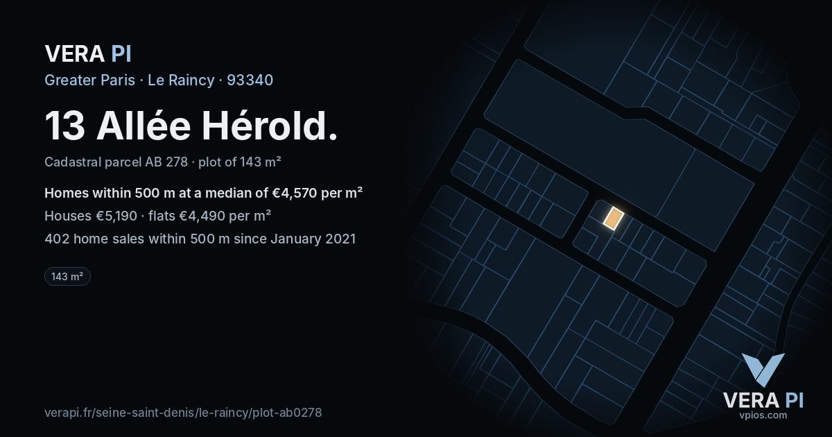 13 Allée Hérold, Le Raincy at night – the plot lit, the parcels around coloured by the prices near them