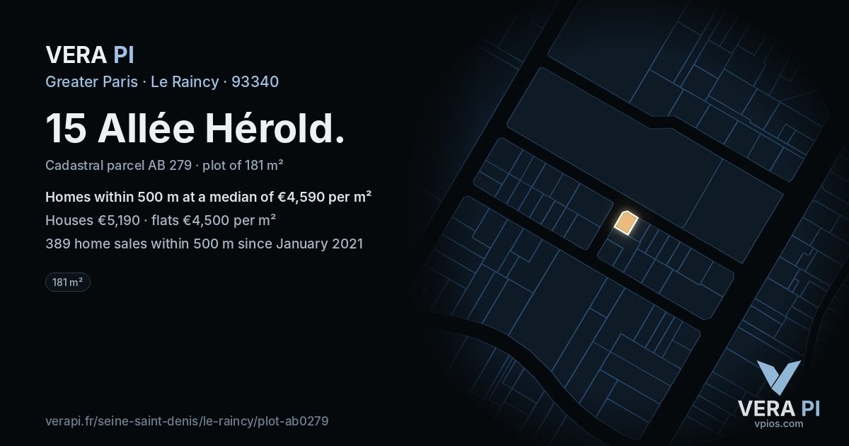 15 Allée Hérold, Le Raincy at night – the plot lit, the parcels around coloured by the prices near them