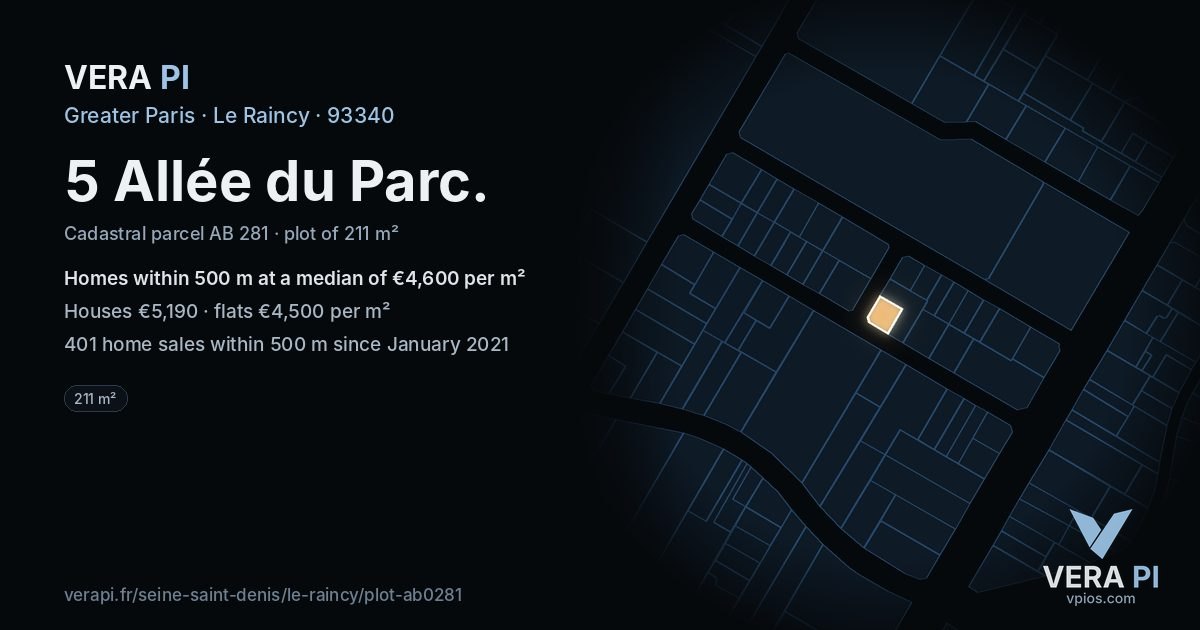 5 Allée du Parc, Le Raincy at night – the plot lit, the parcels around coloured by the prices near them