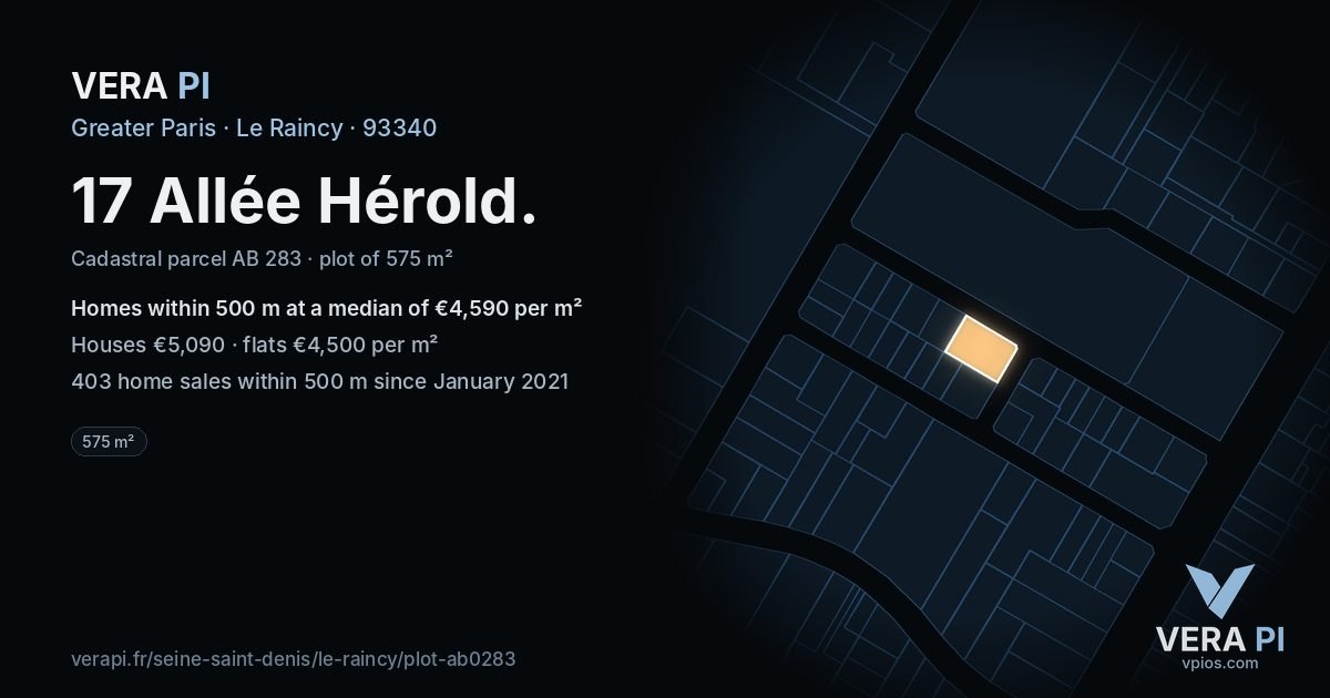 17 Allée Hérold, Le Raincy at night – the plot lit, the parcels around coloured by the prices near them