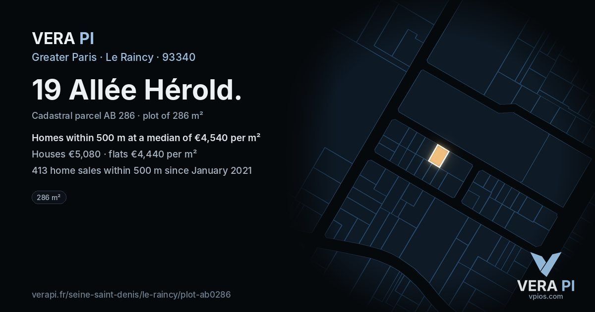 19 Allée Hérold, Le Raincy at night – the plot lit, the parcels around coloured by the prices near them
