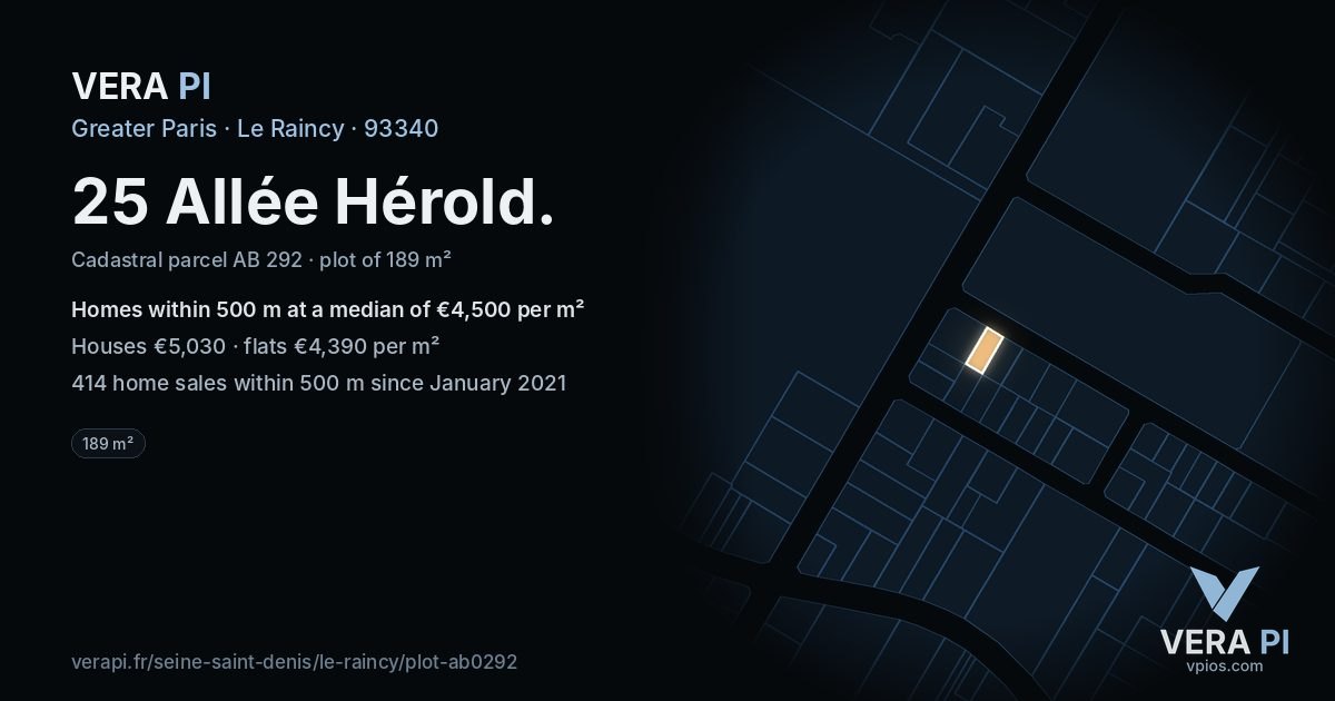 25 Allée Hérold, Le Raincy at night – the plot lit, the parcels around coloured by the prices near them