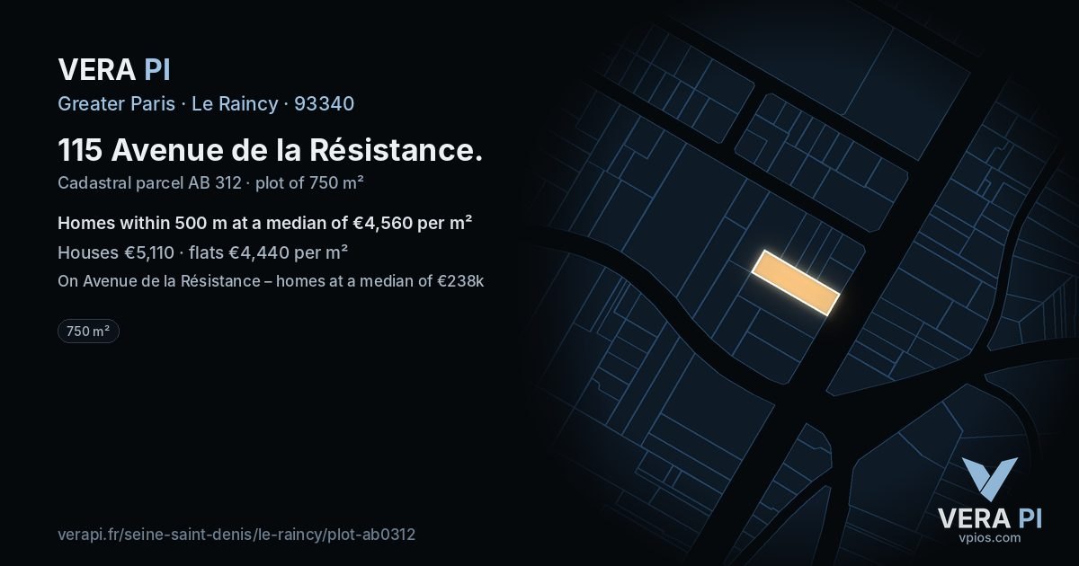 115 Avenue de la Résistance, Le Raincy at night – the plot lit, the parcels around coloured by the prices near them