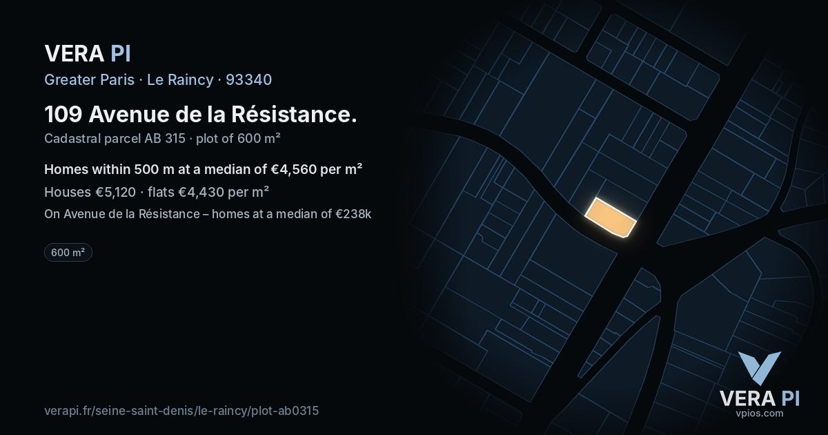 109 Avenue de la Résistance, Le Raincy at night – the plot lit, the parcels around coloured by the prices near them
