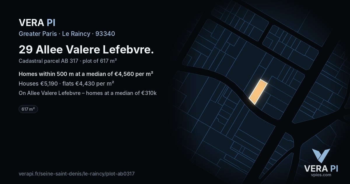 29 Allee Valere Lefebvre, Le Raincy at night – the plot lit, the parcels around coloured by the prices near them