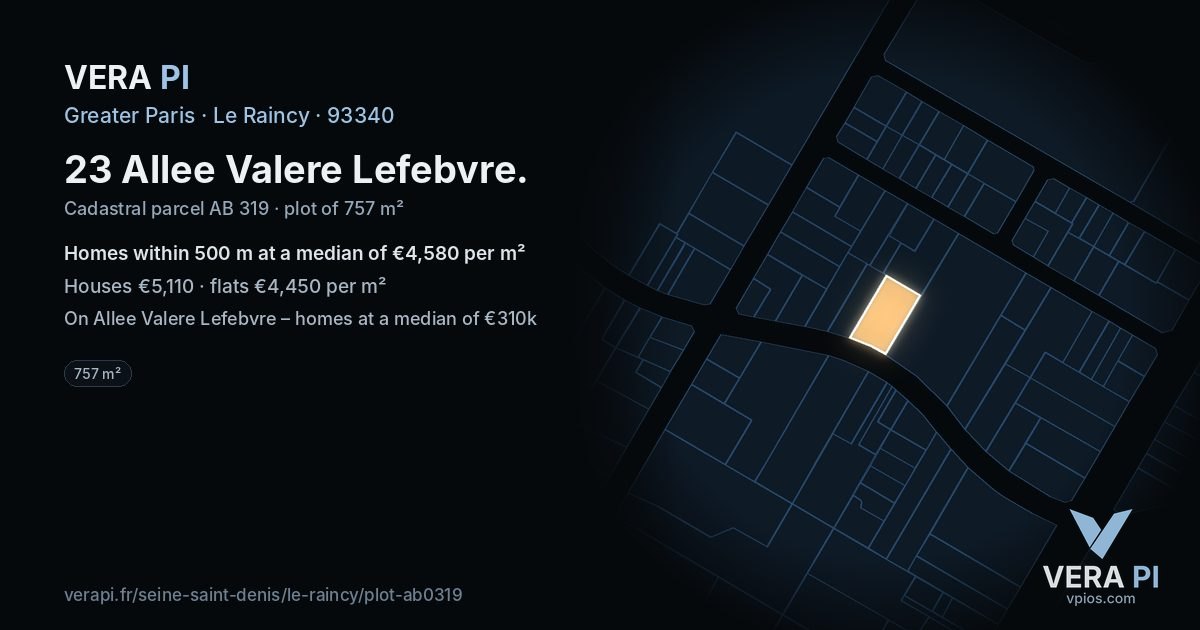 23 Allee Valere Lefebvre, Le Raincy at night – the plot lit, the parcels around coloured by the prices near them