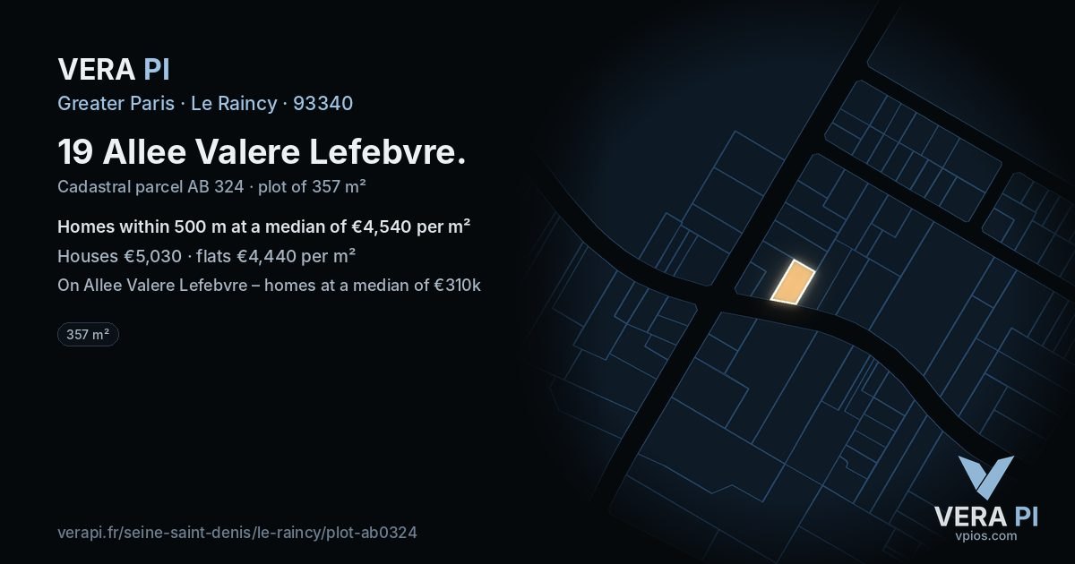 19 Allee Valere Lefebvre, Le Raincy at night – the plot lit, the parcels around coloured by the prices near them