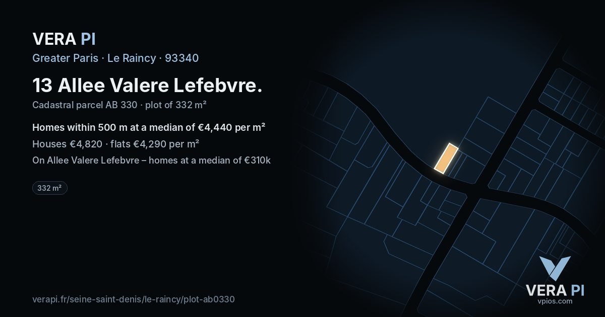 13 Allee Valere Lefebvre, Le Raincy at night – the plot lit, the parcels around coloured by the prices near them