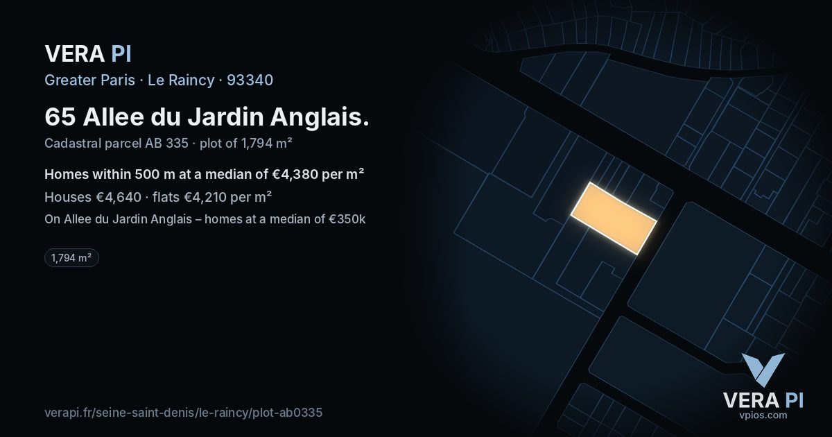 65 Allee du Jardin Anglais, Le Raincy at night – the plot lit, the parcels around coloured by the prices near them