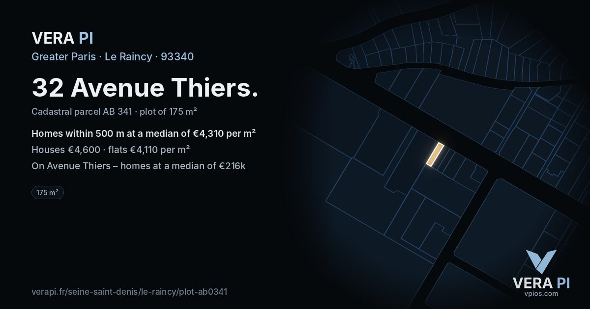 32 Avenue Thiers, Le Raincy at night – the plot lit, the parcels around coloured by the prices near them