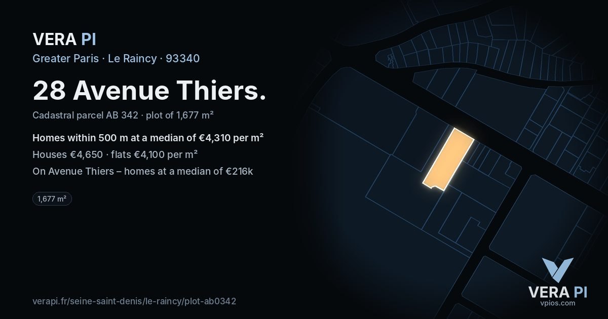 28 Avenue Thiers, Le Raincy at night – the plot lit, the parcels around coloured by the prices near them