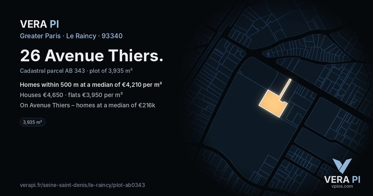 26 Avenue Thiers, Le Raincy at night – the plot lit, the parcels around coloured by the prices near them