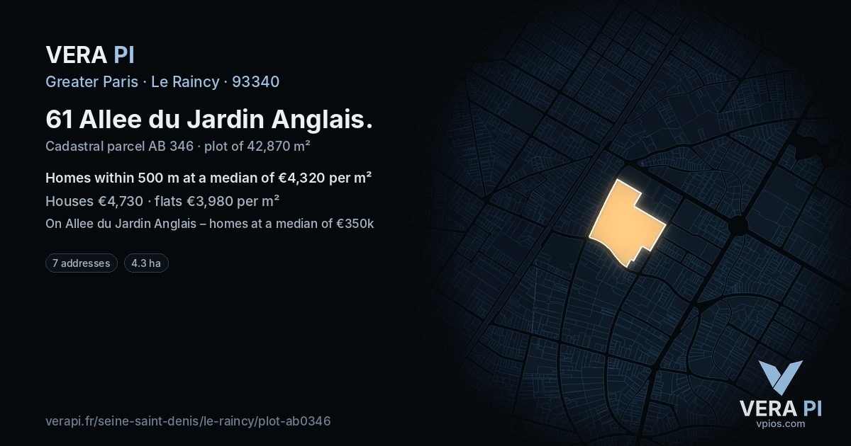61 Allee du Jardin Anglais, Le Raincy at night – the plot lit, the parcels around coloured by the prices near them