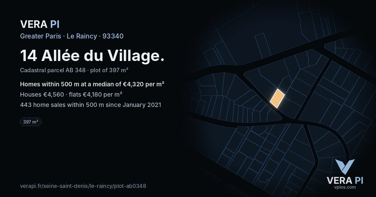 14 Allée du Village, Le Raincy at night – the plot lit, the parcels around coloured by the prices near them